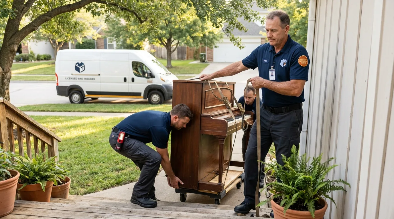 Licensed piano movers securing grand piano in Rock Falls, IL