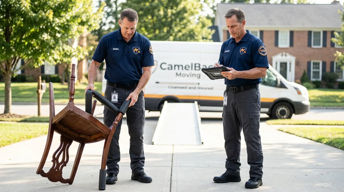 Movers inspecting furniture for damage prevention before loading in Rock Falls, IL