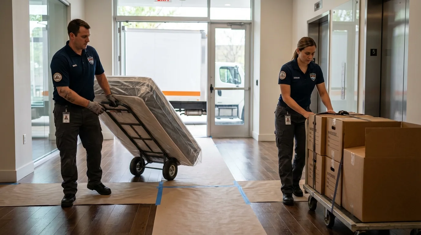 Professional apartment movers loading elevator in Rock Falls, IL