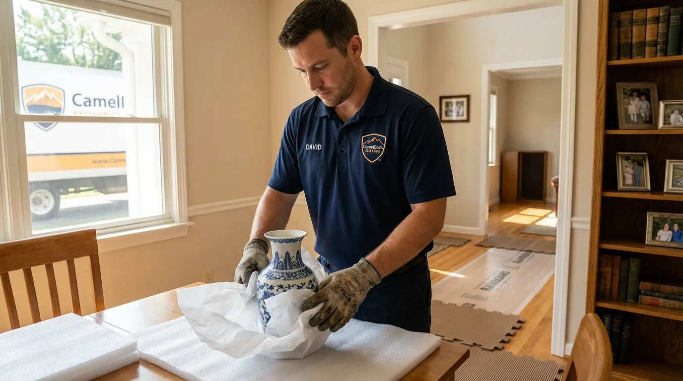 Professional crew carefully wrapping antique vase for senior downsizing move in Rock Falls, IL